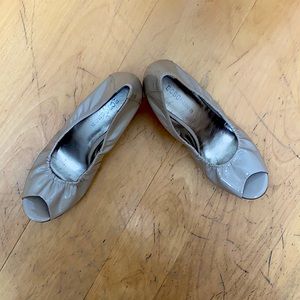 BCBG Nude Peep Toe Wedge Pump Slip On